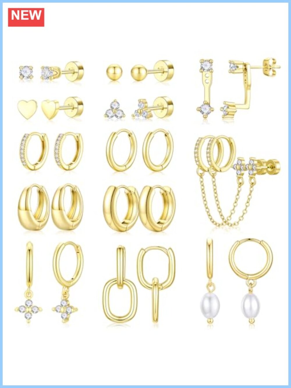 13 Pairs 14K Gold Plated Hoop Stud Earrings Hypoallergenic 14K Gold Plated